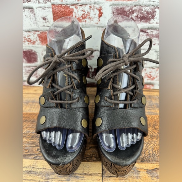 Free People FARRAH Dark Brown Leather / Wood Platform Heels, Women's Size 38 - Picture 4 of 12